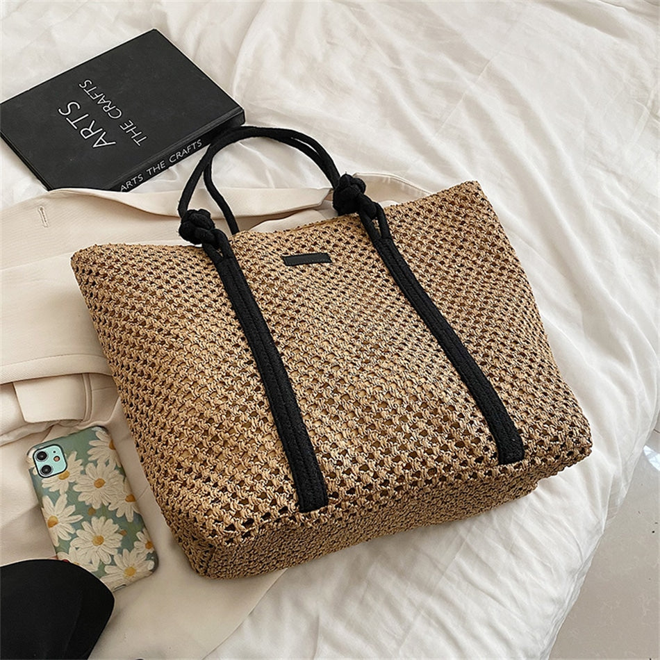 Woven straw handbag with handles – another view