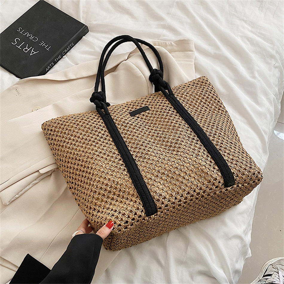 Woven straw handbag with handles – brown variant, another view
