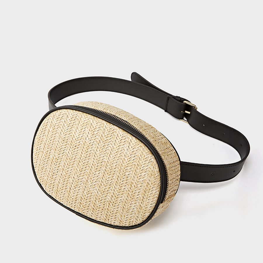 Round woven straw belt bag