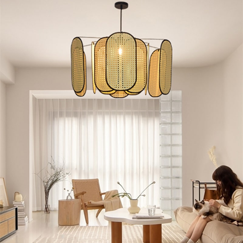 Retro domed handmade rattan ceiling light – shown in a room setting (2)