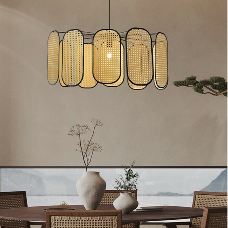 Retro domed handmade rattan ceiling light – shown in a room setting