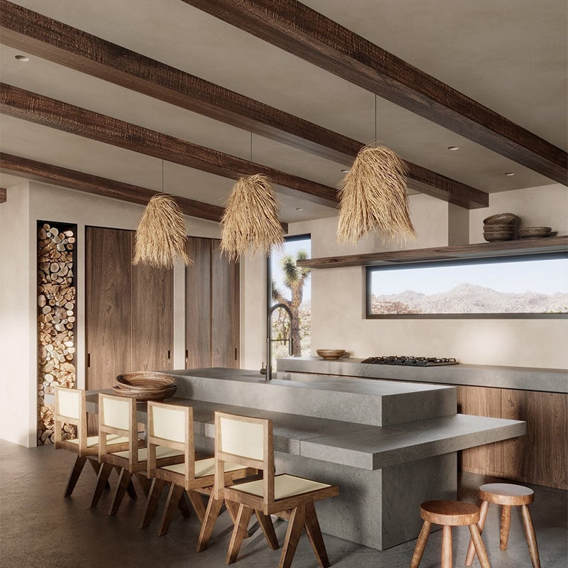 Boho handwoven rattan LED chandelier with rounded curves – shown in a room setting