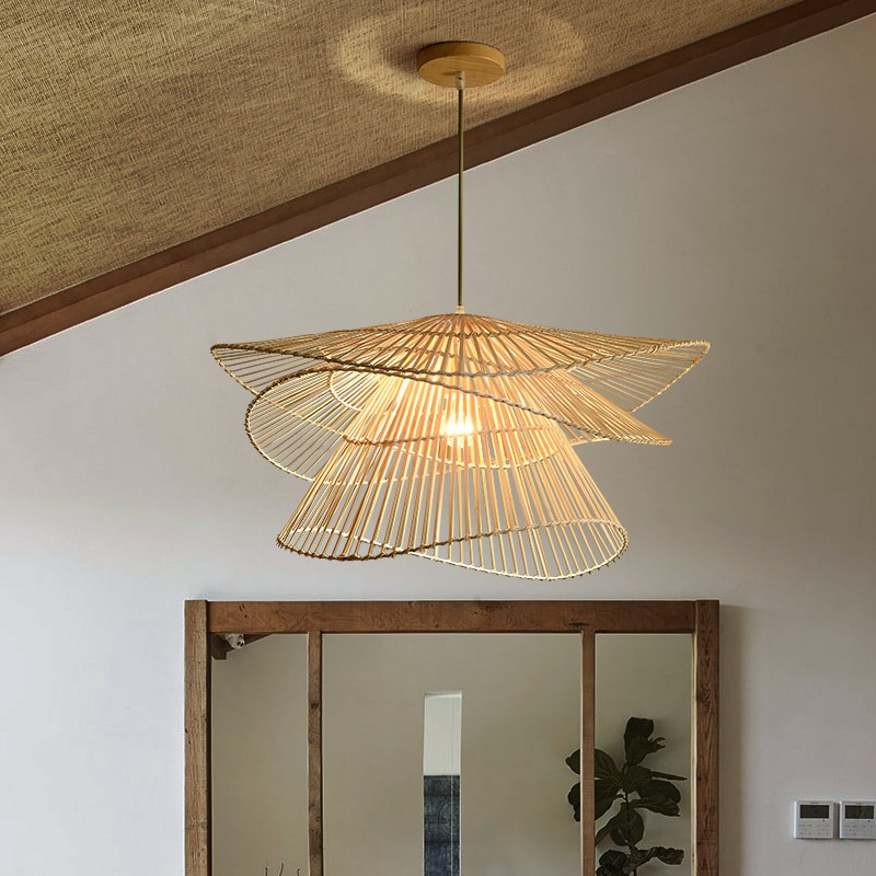 Multi-tier concentric handwoven rattan chandelier – shown in a room setting (2)