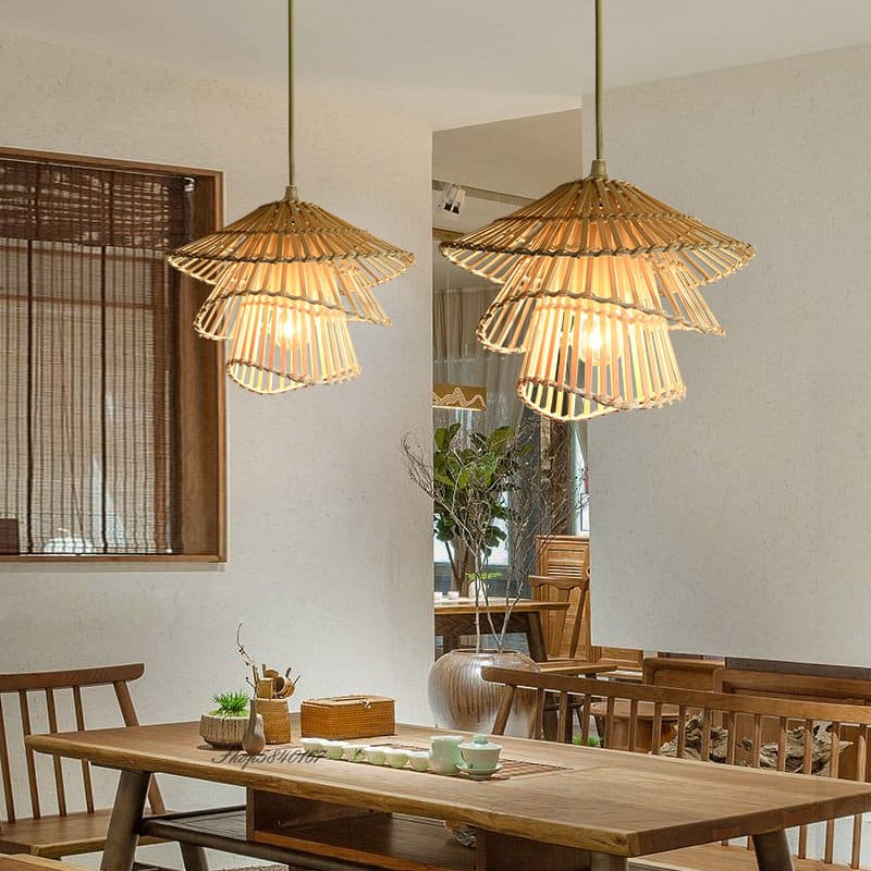 Multi-tier concentric handwoven rattan chandelier – shown in a room setting