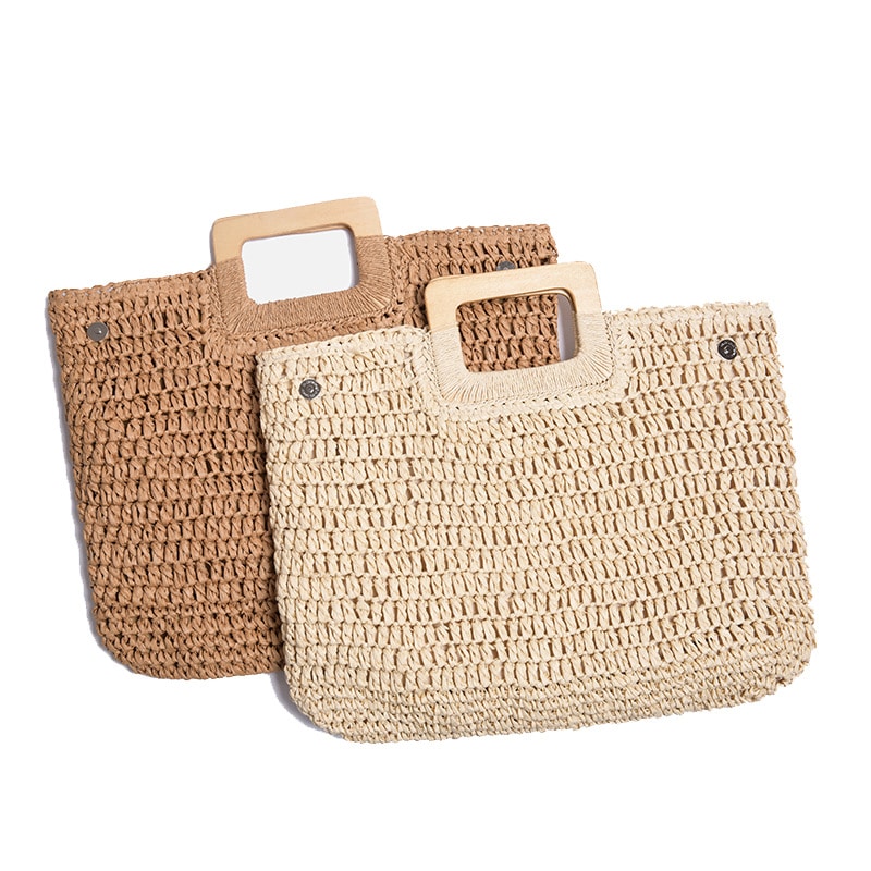 Woven straw tote with varnished wooden handles – multiple views