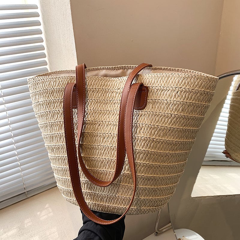 Woven rattan tote with large handles