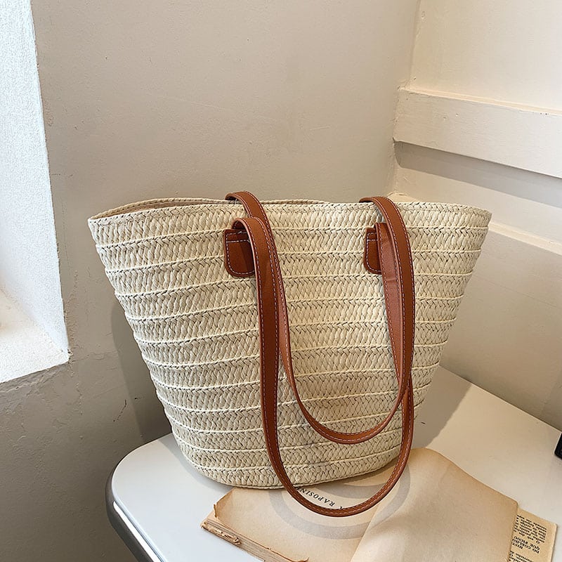 Woven rattan tote with large handles – beige variant, another view