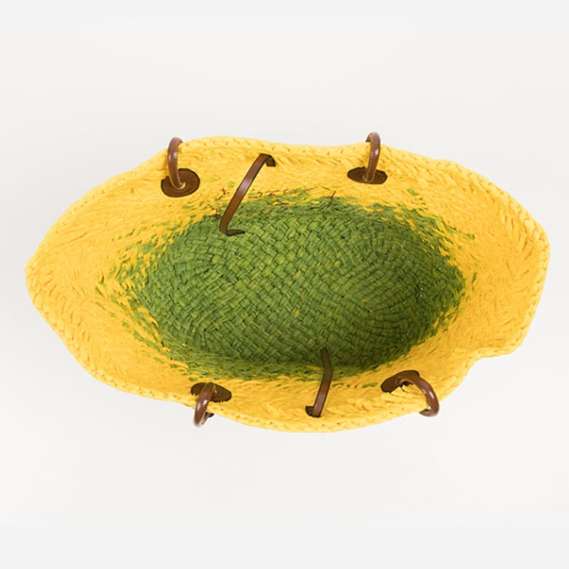Yellow and green woven straw tote – close-up detail