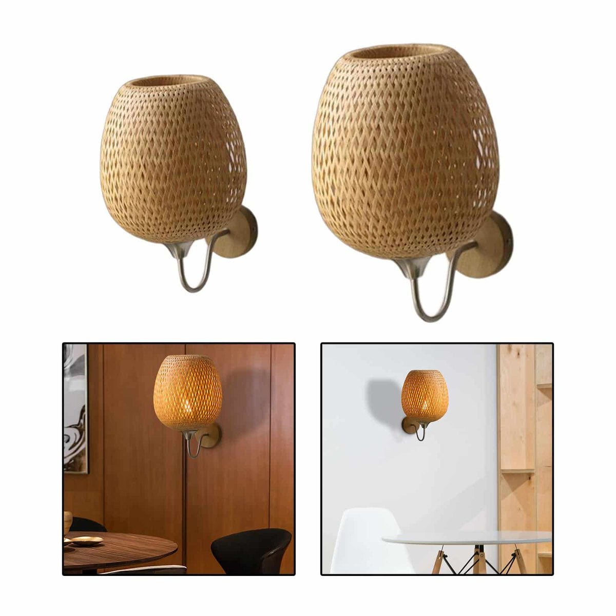 Vintage boho handwoven rattan wall sconce with a fan pattern – multiple views (3)
