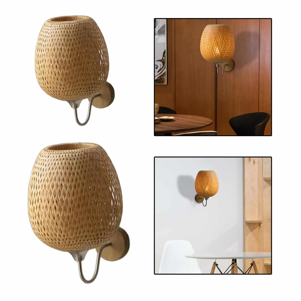 Vintage boho handwoven rattan wall sconce with a fan pattern – multiple views (2)