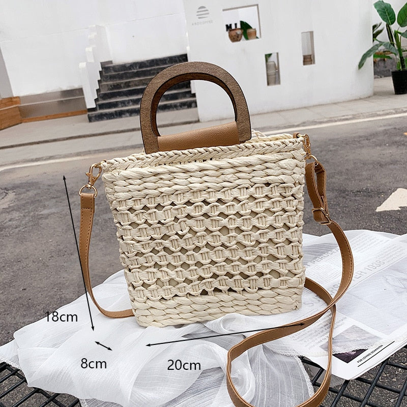 Retro woven crossbody bag with a varnished wooden handle – beige variant, another view