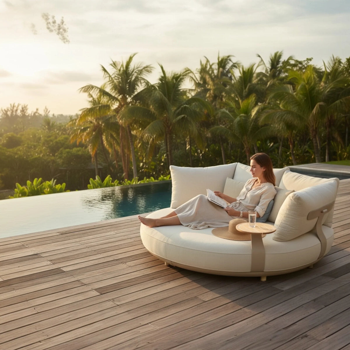 Elyo round beige aluminum pool bed – shown outdoors (3)
