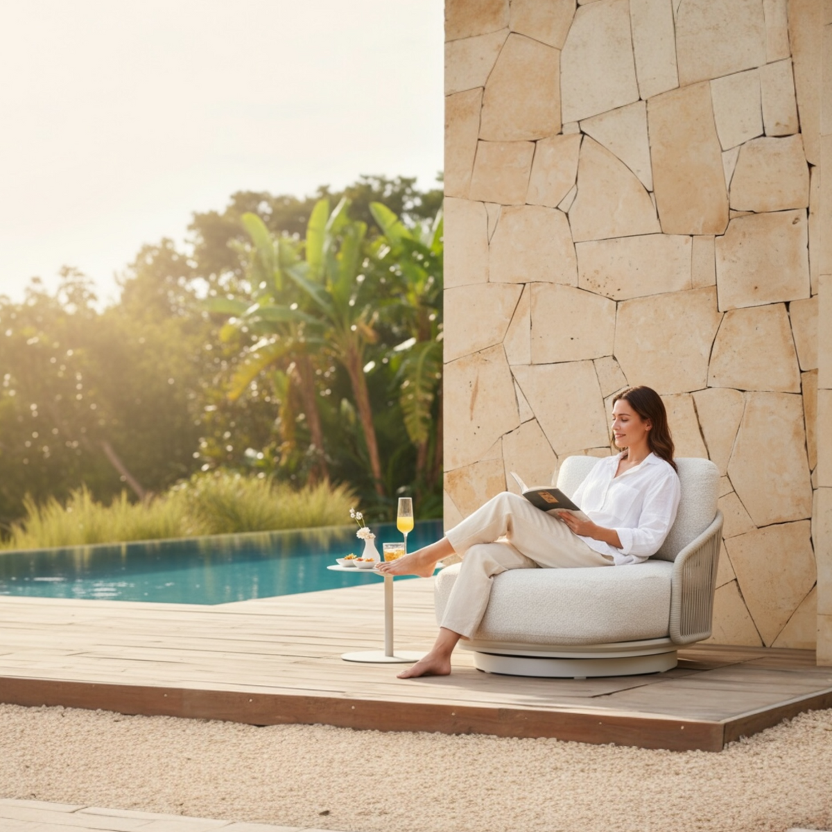 Aura beige aluminum and rope swivel armchair – shown outdoors (3)