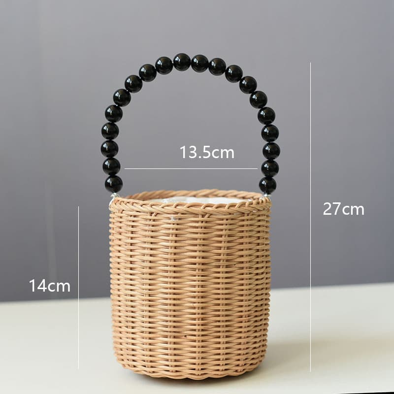 Kids woven storage basket with a beaded handle – beige variant, dimensions diagram