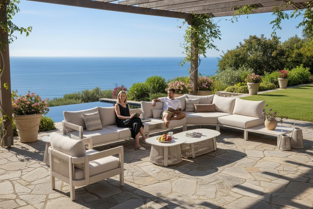 Milan 7-seat rope outdoor sectional with ice bucket armless chair – shown outdoors (2)