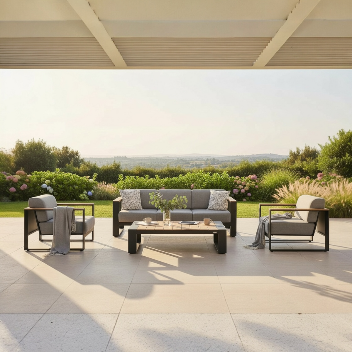 Sofy anthracite aluminum and teak sofa set with solid teak armrests – shown outdoors (3)