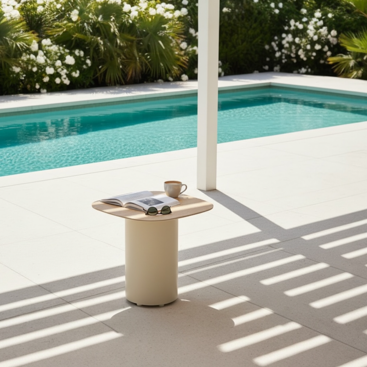Camille beige aluminum pedestal outdoor side table – shown outdoors