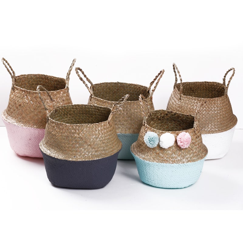 Pink and natural two-tone handmade rattan storage basket – multiple views