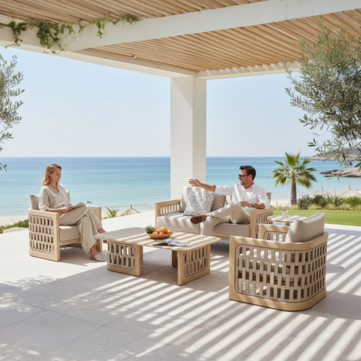 Palma 2-seat teak and rope outdoor loveseat – shown outdoors (3)