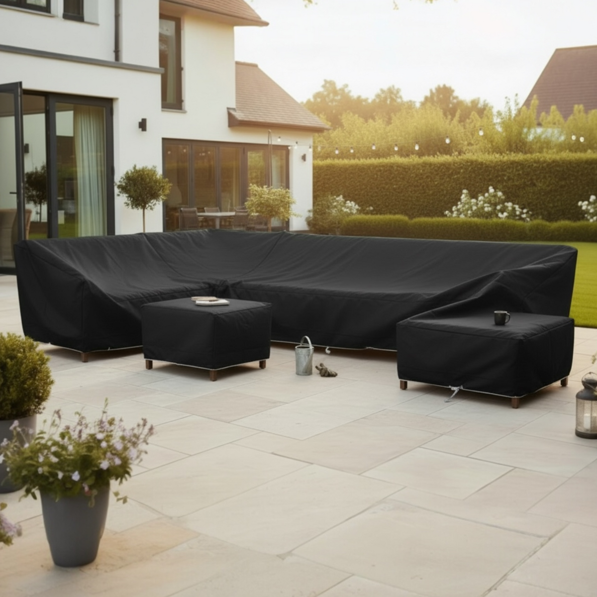 Custom-fit winter cover for corner lounge sets with armless chair – shown outdoors