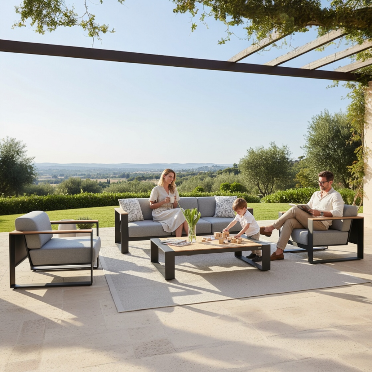 Sofy anthracite aluminum and teak sofa set with solid teak armrests – shown outdoors