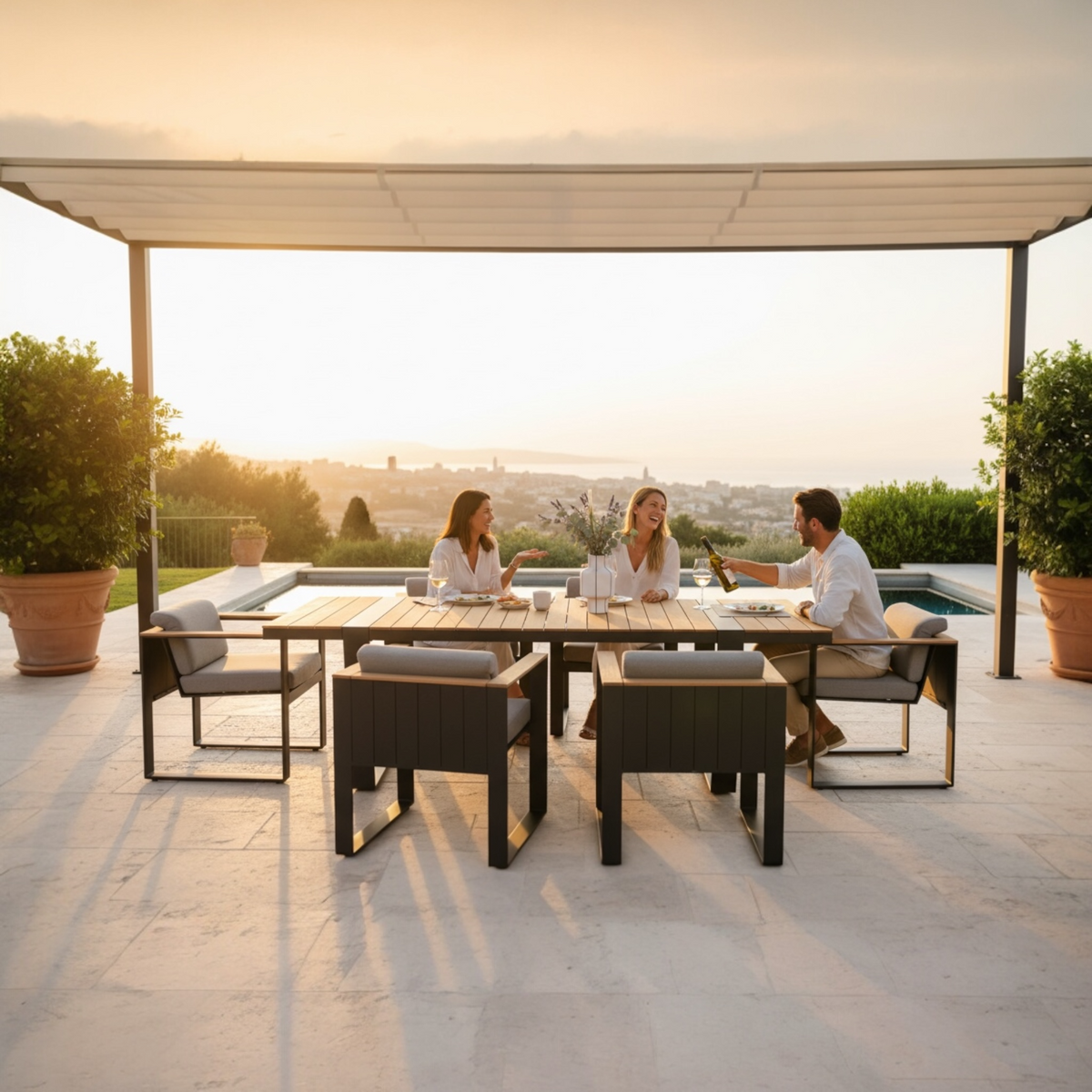 Sofy 6-seat slim aluminum and teak dining set – shown outdoors (2)