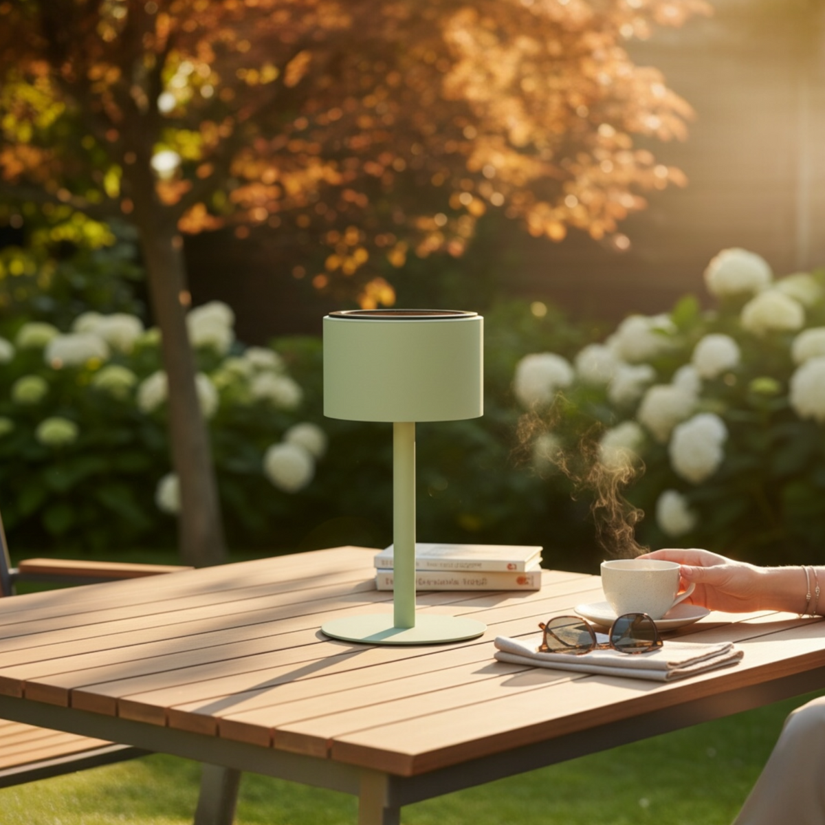 Arlo Round green aluminum solar lamp – shown outdoors (2)