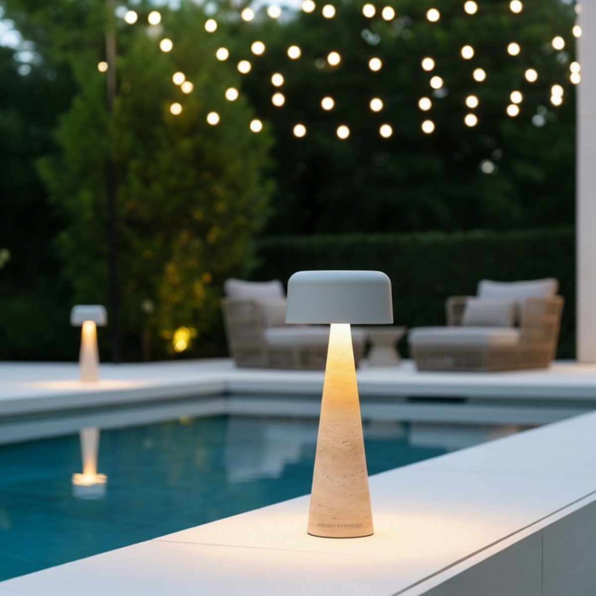 Moon travertine solar outdoor lamp, large – shown lit outdoors