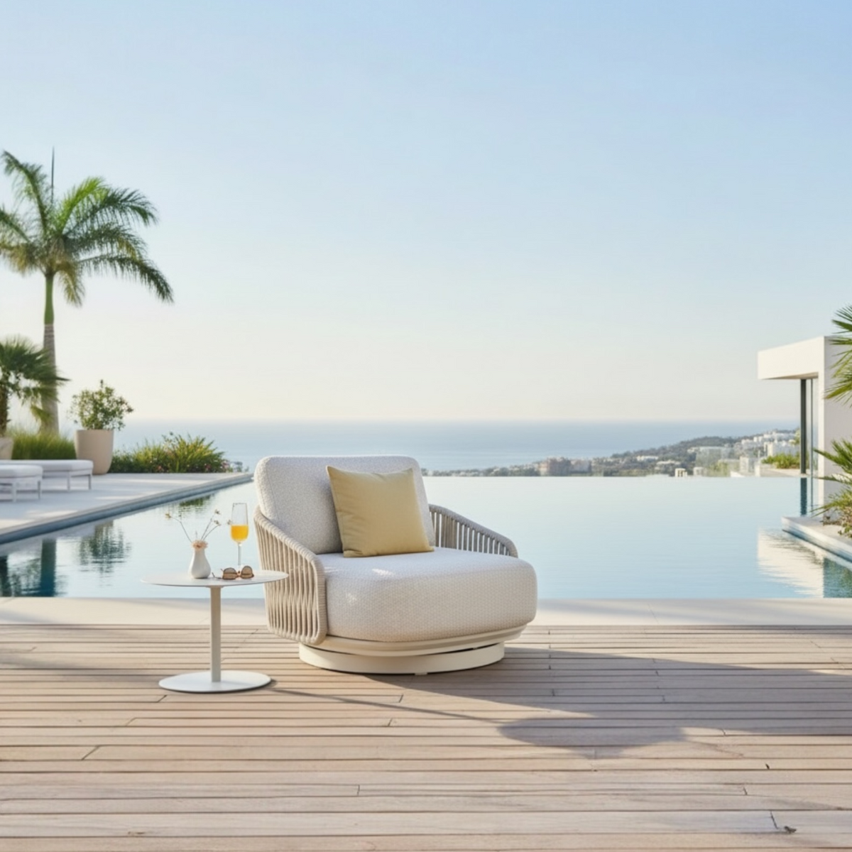 Aura beige aluminum and rope swivel armchair – shown outdoors (2)