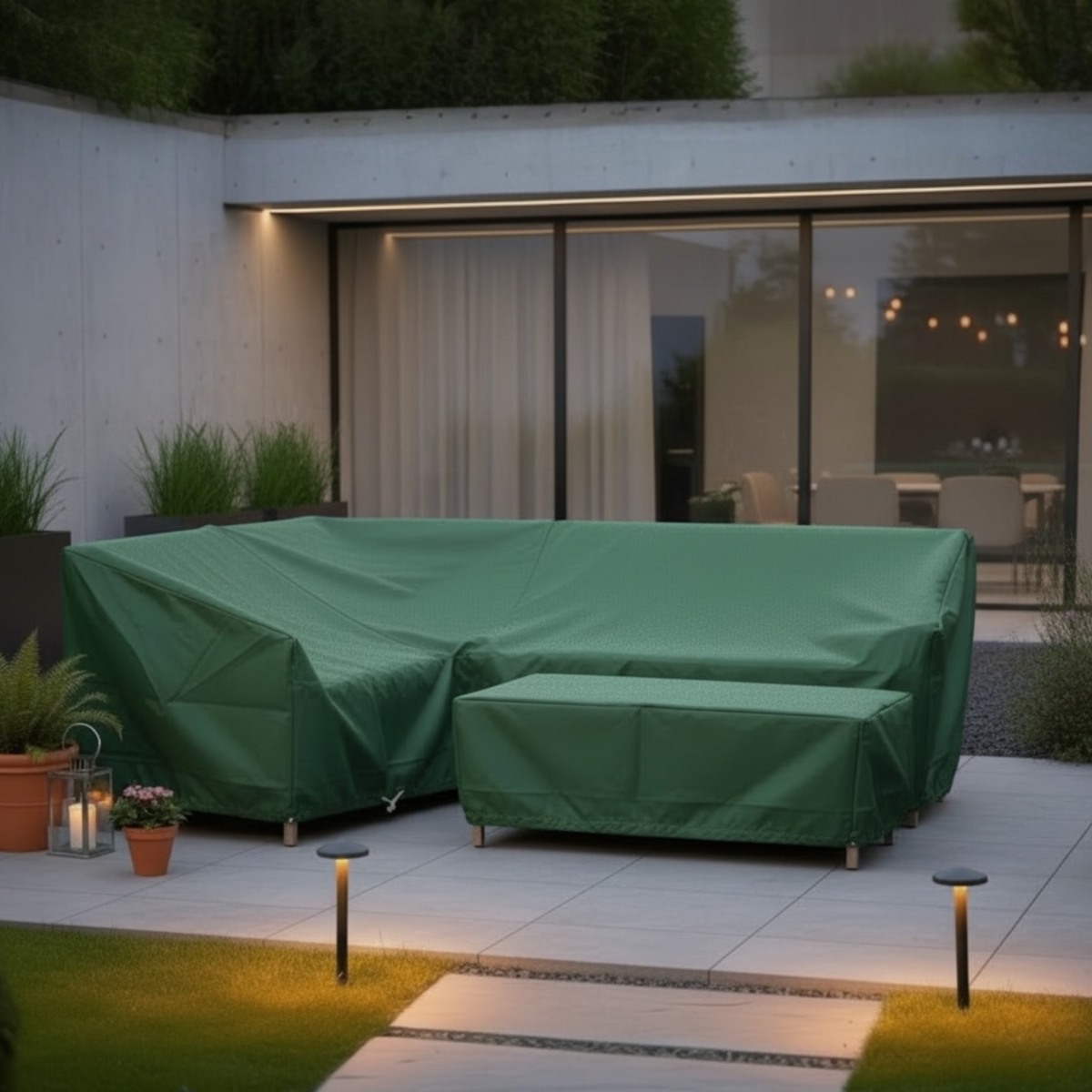 Custom-fit winter cover for corner lounge sets with armless chair – shown outdoors (3)
