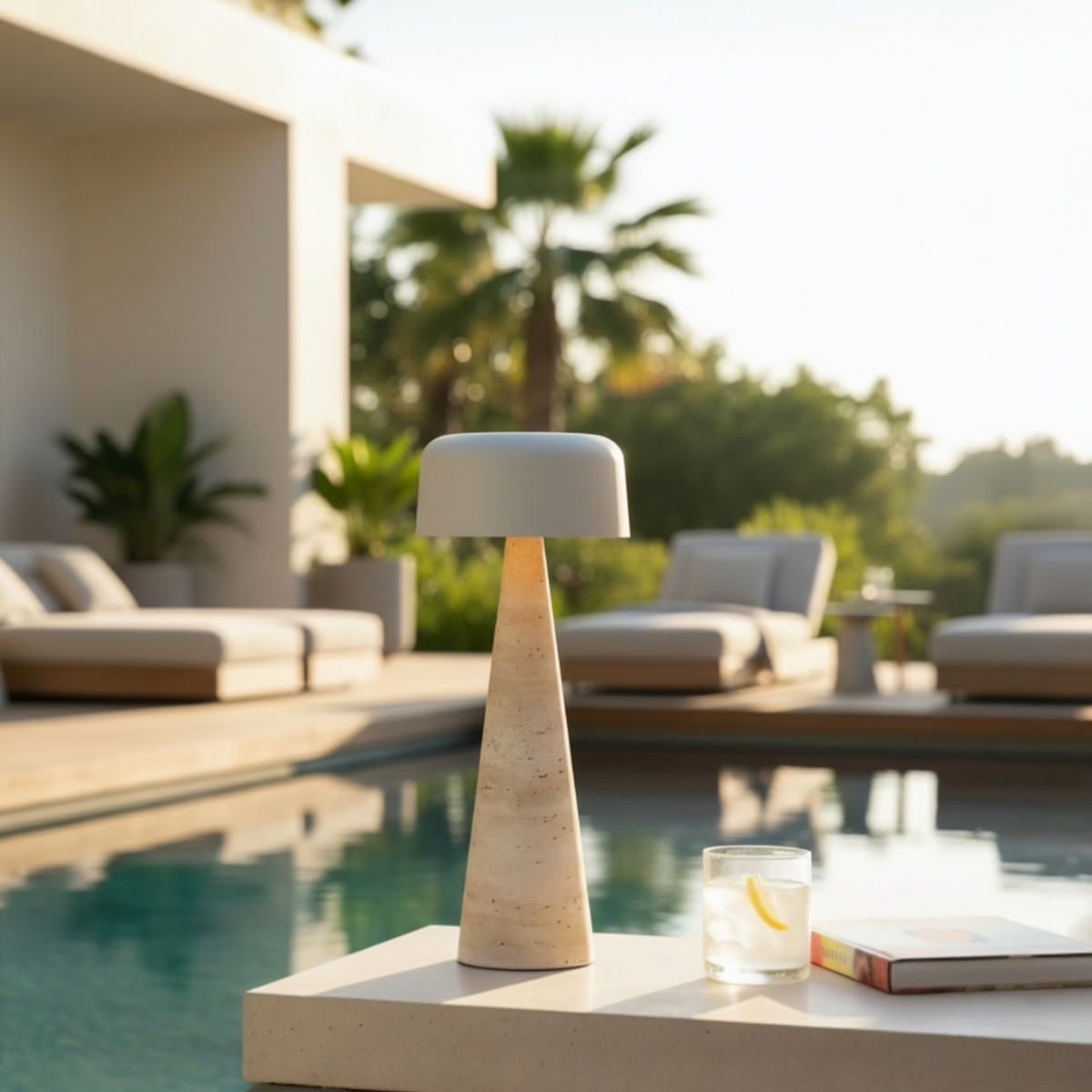 Moon travertine solar outdoor lamp, large – shown outdoors