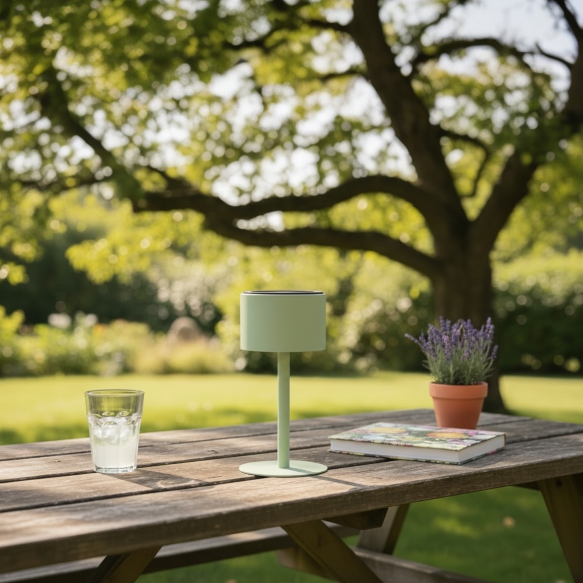 Arlo Round green aluminum solar lamp – shown outdoors