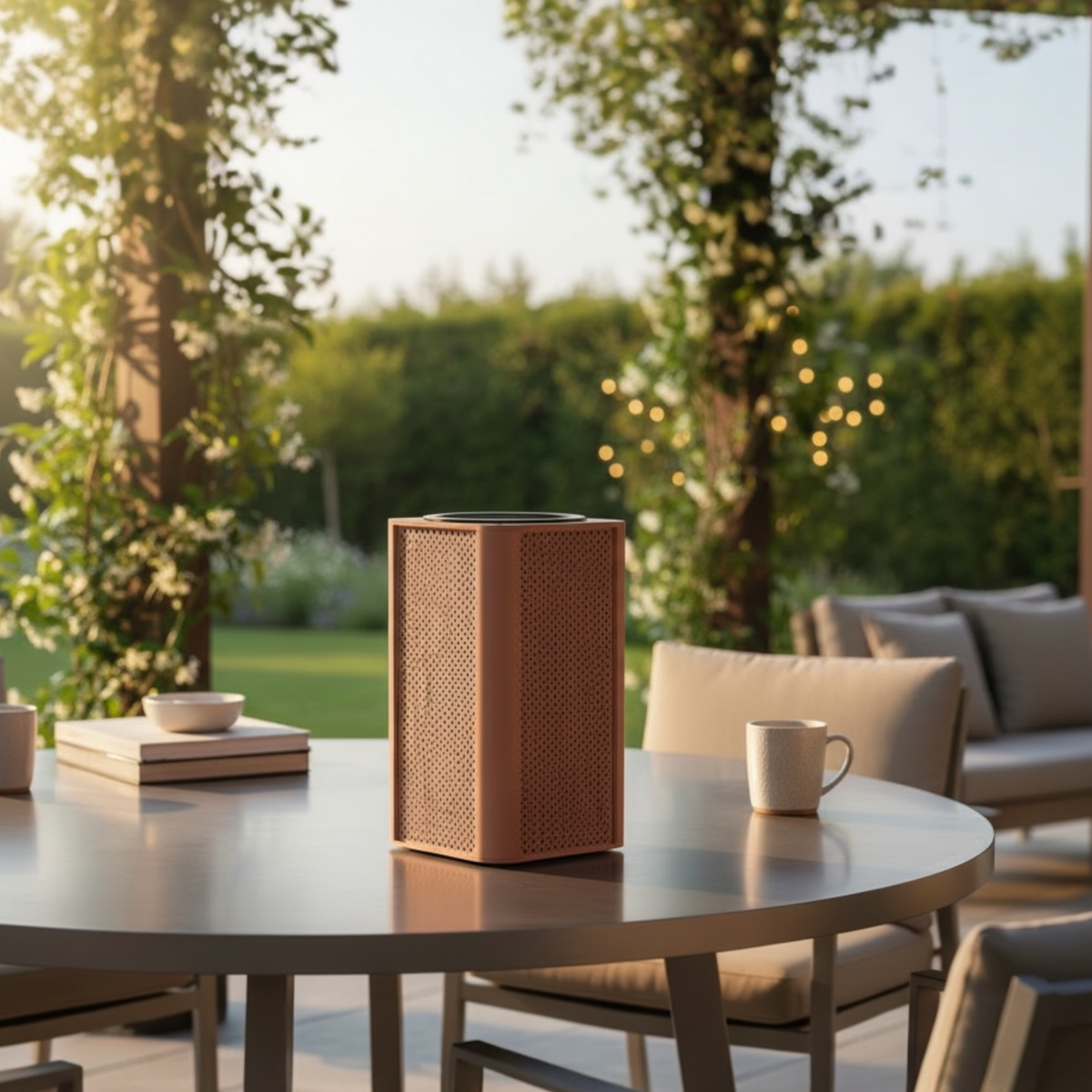 Arlo Cube red aluminum solar lamp – shown outdoors