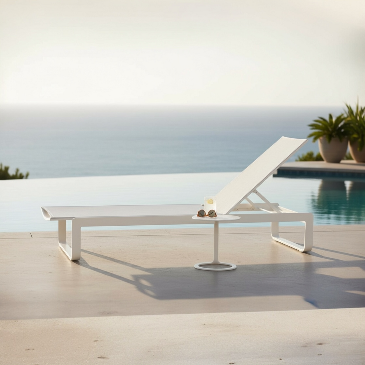 Romy all-white aluminum textilene chaise lounge – shown outdoors (2)