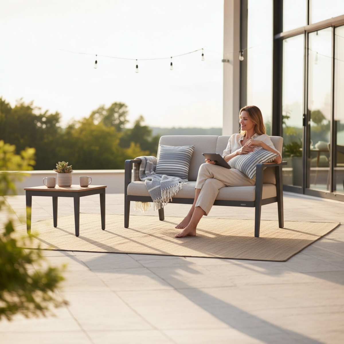 Lovy 2-seat aluminum and teak outdoor sofa – shown outdoors (2)