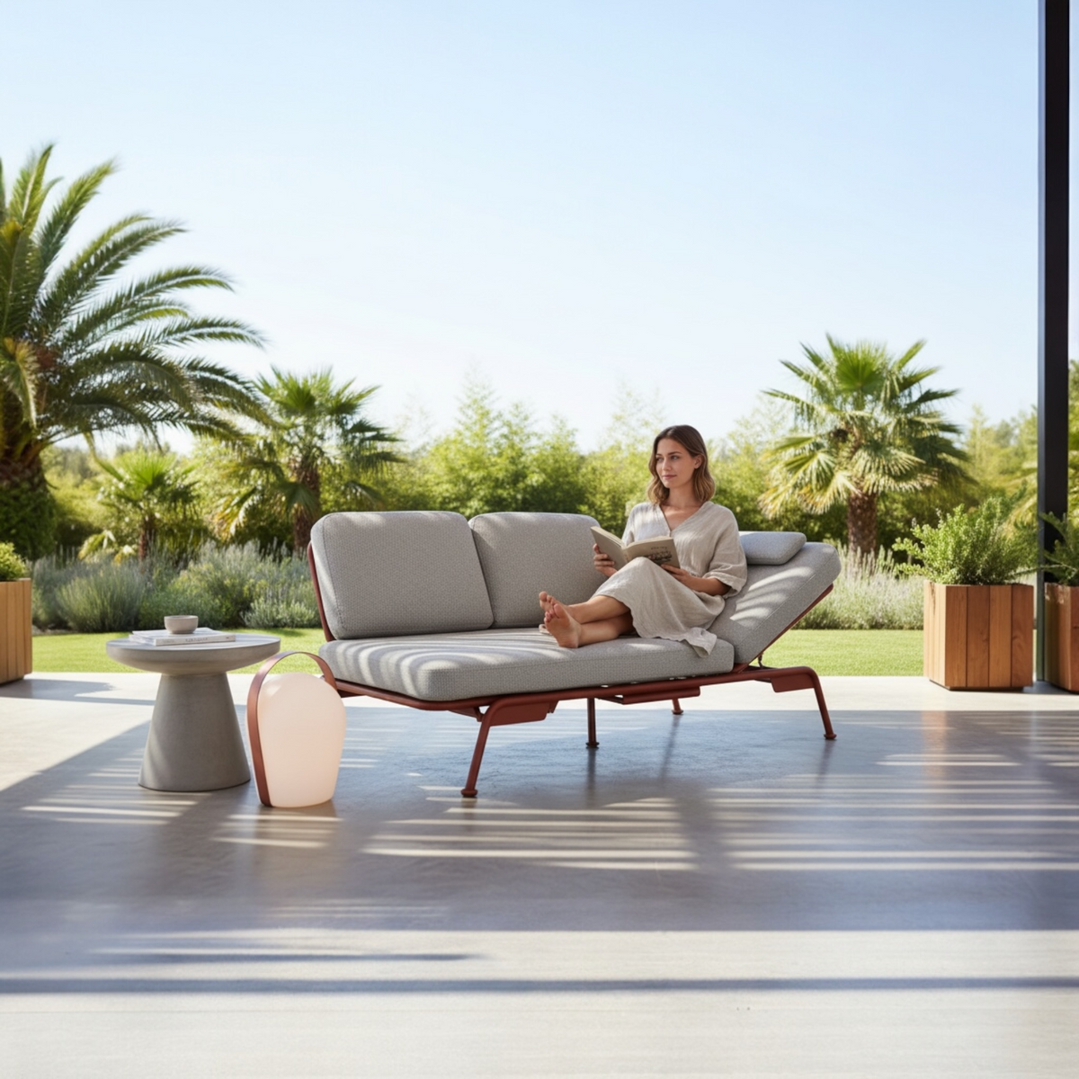 Sunny red convertible aluminum outdoor sofa lounger – shown outdoors (2)
