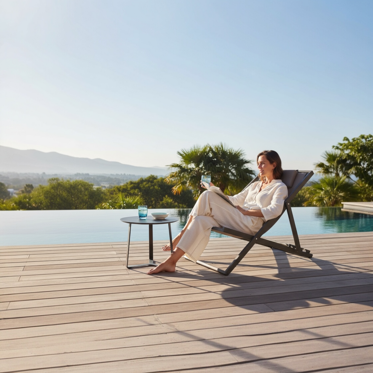 Kassy gray folding aluminum sling chair – shown outdoors