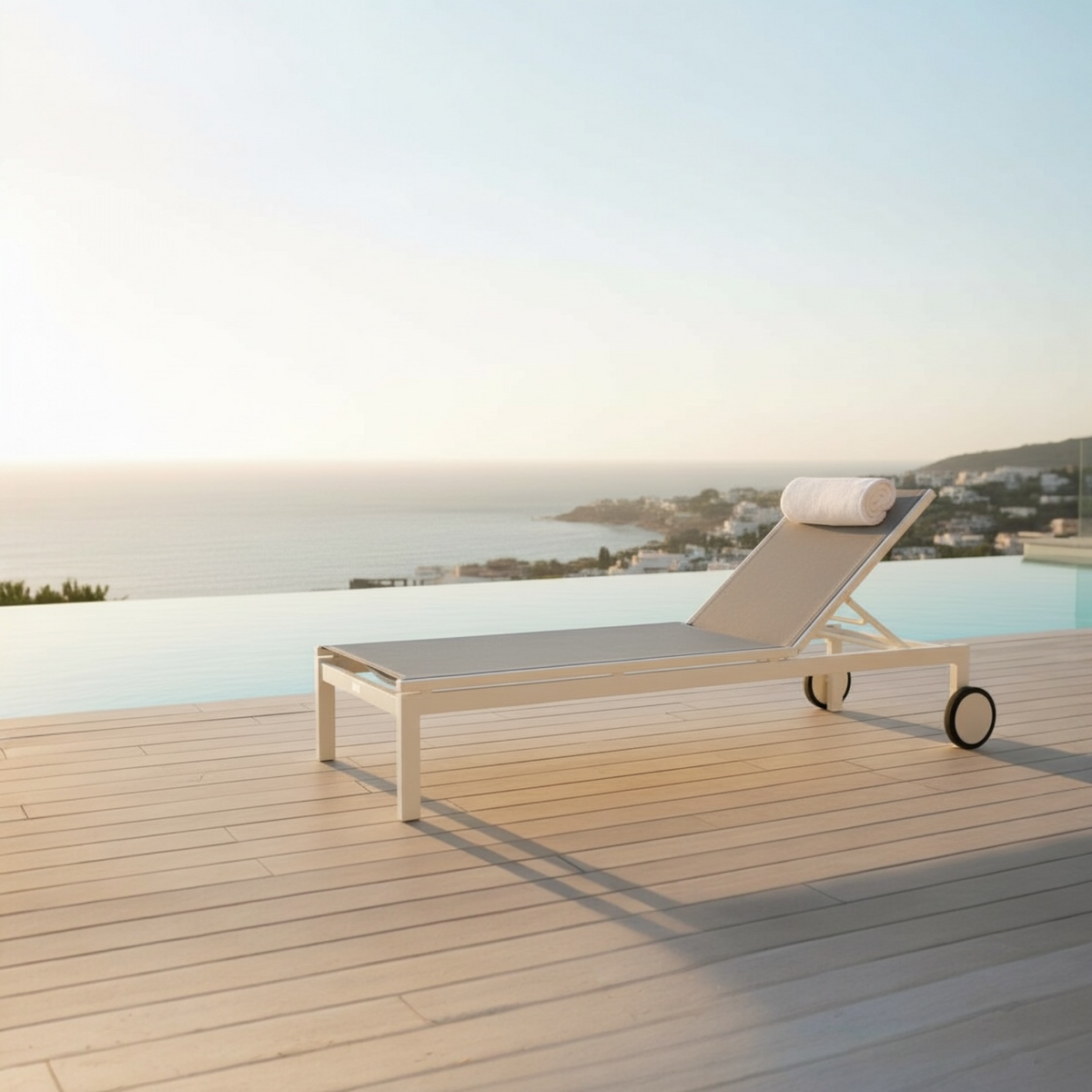 Sully white aluminum pool lounge chair with large wheels – shown outdoors