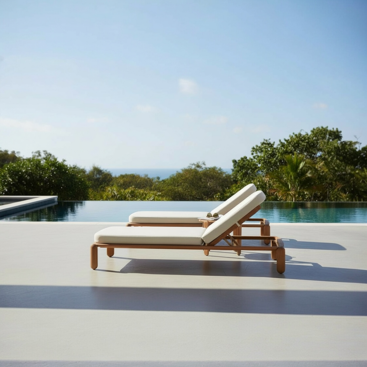 Roma solid teak chaise lounges, set of 2 with side table – shown outdoors (2)