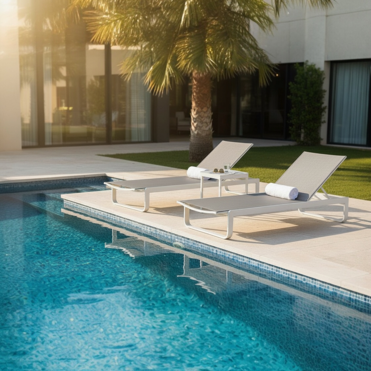 Romy gray aluminum chaise lounges, set of 2 with C side table – shown outdoors