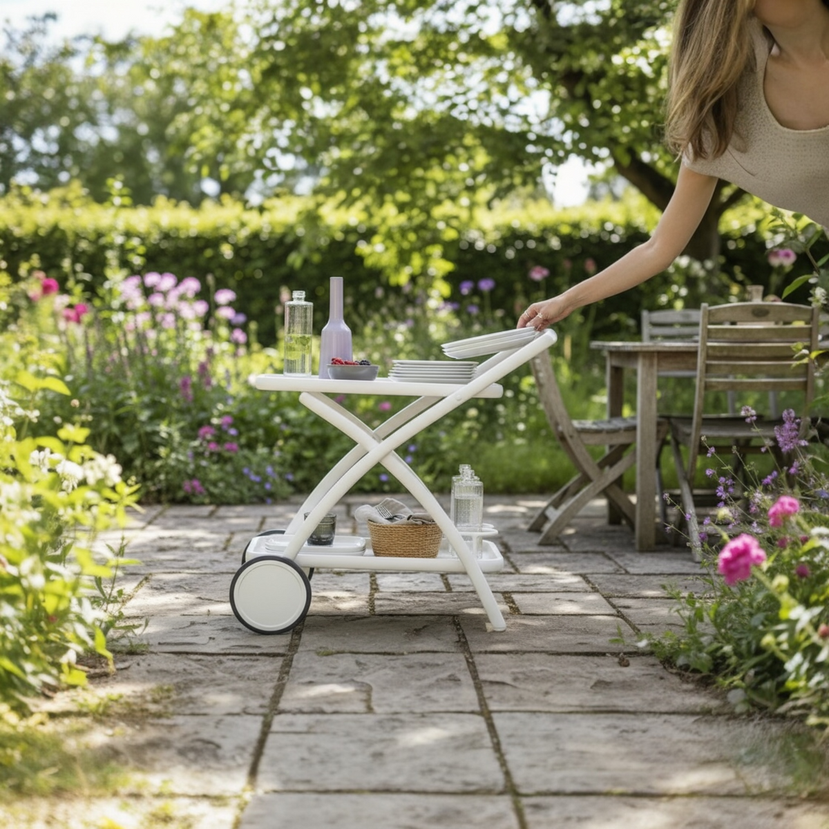 Belly two-tier aluminum outdoor serving cart – shown outdoors (2)