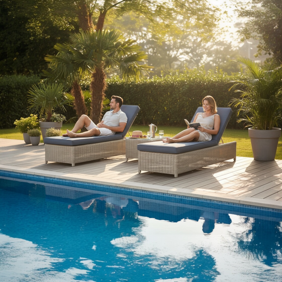 Dune round resin wicker chaise lounge set of two with wheels – shown outdoors
