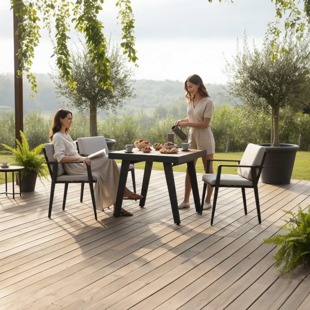 Lovy square aluminum and teak dining set for four – shown outdoors (2)