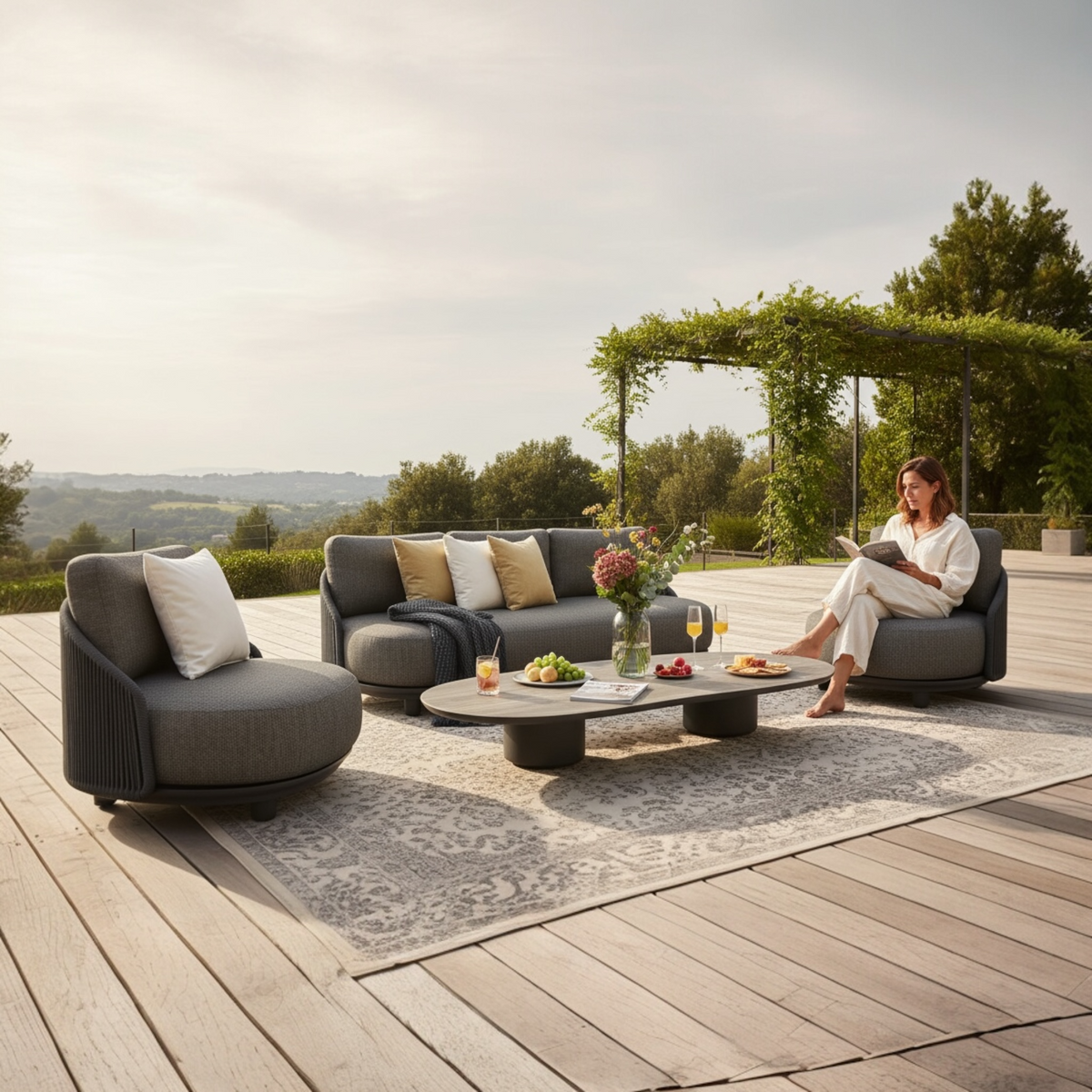 Aura black rope outdoor lounge set with gray-taupe marble-effect coffee table – shown outdoors (3)