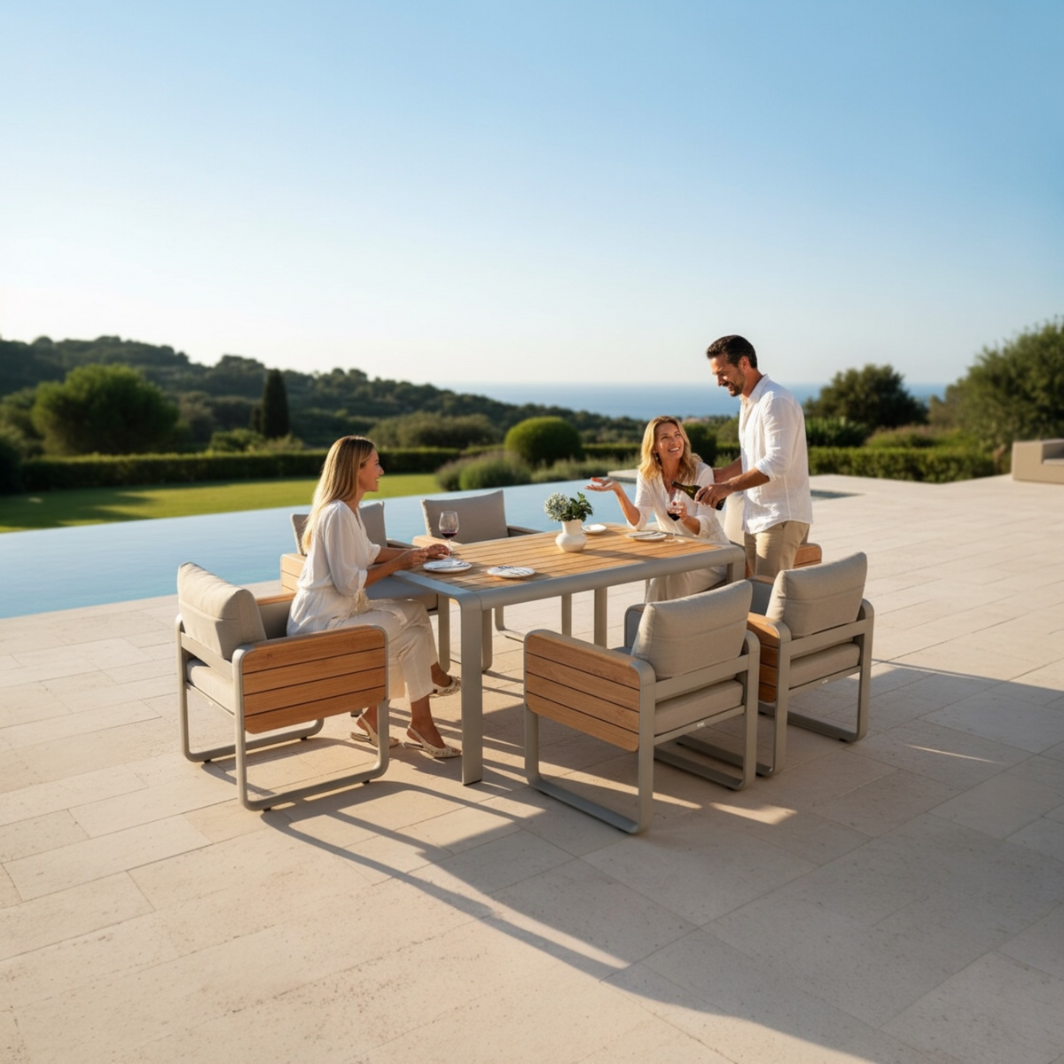Talia aluminum and teak dining set with flip-up side tablets – shown outdoors (3)