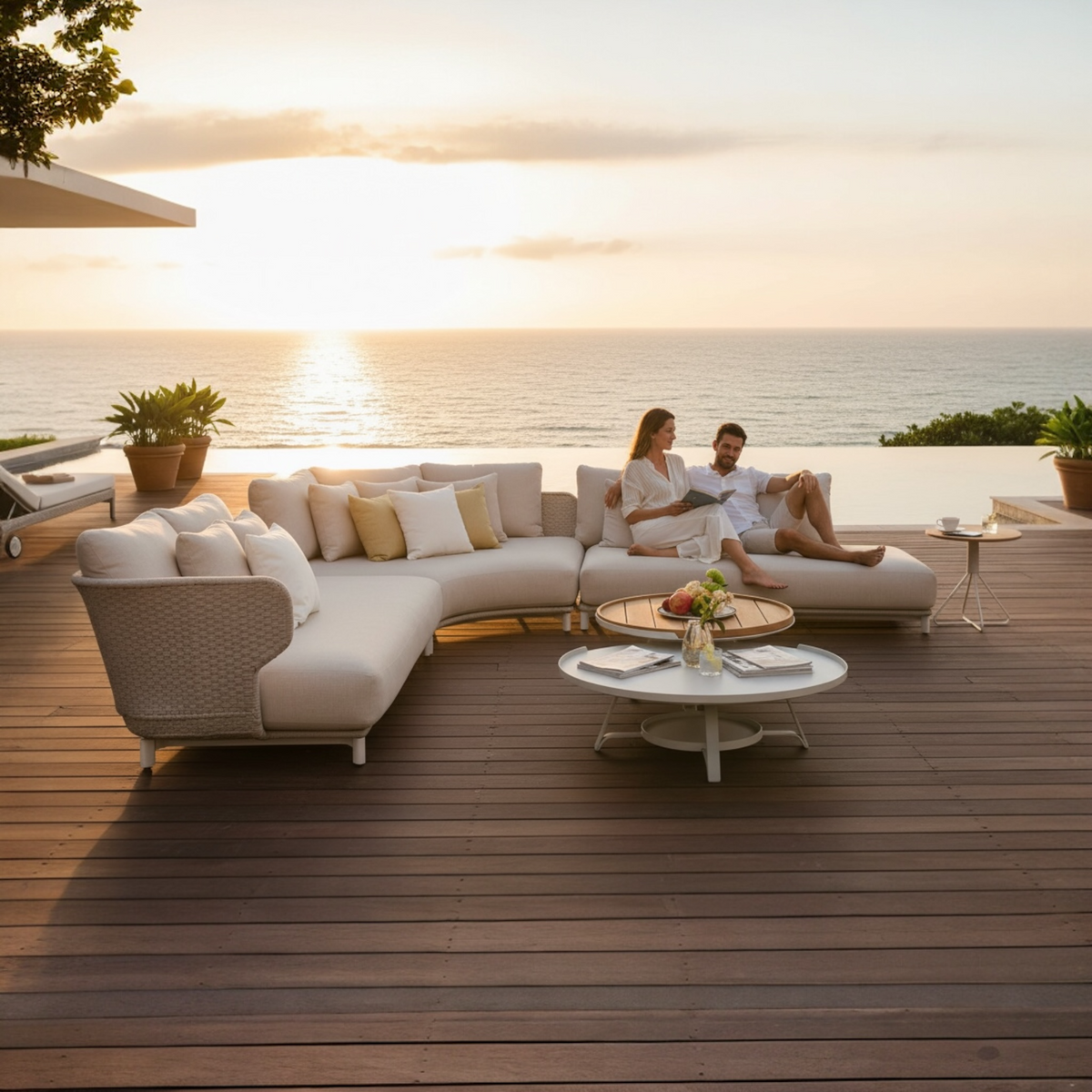 Charly rounded rope outdoor sectional with coffee and side tables – shown outdoors (4)