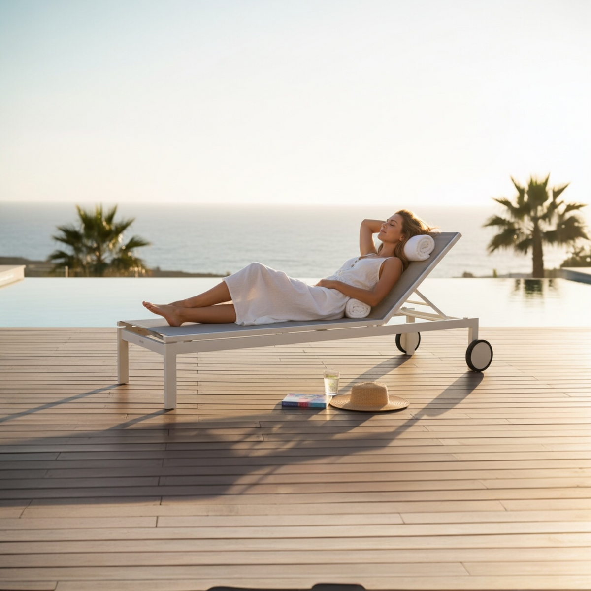 Sully white aluminum pool lounge chairs, set of 2 with round table – shown outdoors (2)