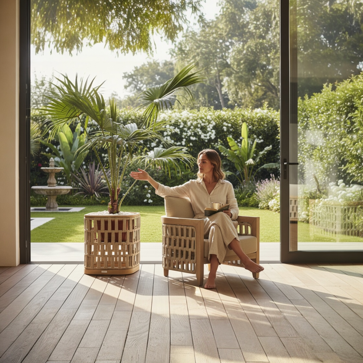 Palma solid teak and rope planter – shown outdoors (2)