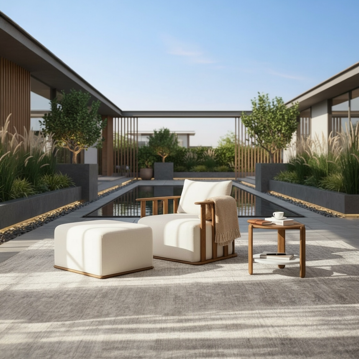 Roma solid teak outdoor armchair with slatted back – shown outdoors