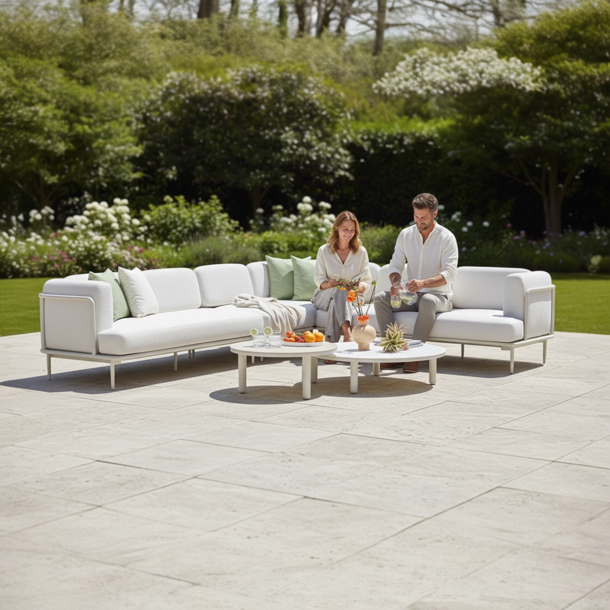 Flora white aluminum outdoor sectional with light gray cushions – shown outdoors (3)